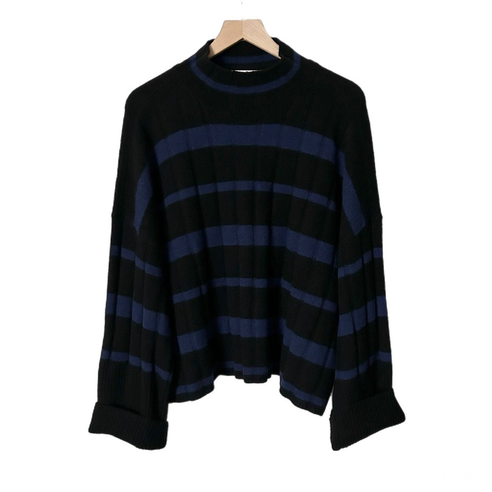 NEW Madewell Ribbed Cashmere Wool Blend Navy Black Striped Mock Neck Sweater XL